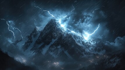 A dramatic mountain landscape illuminated by lightning during a stormy night.