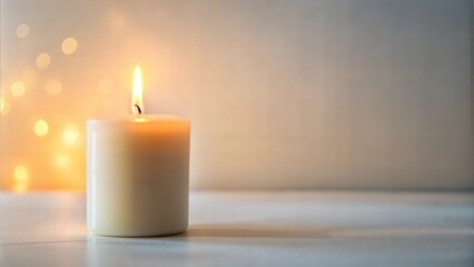 Lit candle with a warm glow on a soft background creating a relaxing ambiance with copy space