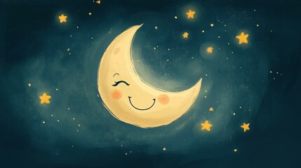 Smiling crescent moon with twinkling stars in the night sky