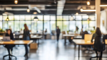 A lovely blurred background of a well-lit, modern office space featuring large panoramic windows and attractive lighting.