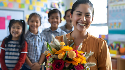 A teacher smiles as she receives a bouquet of flowers from her students on Teacher's Day.