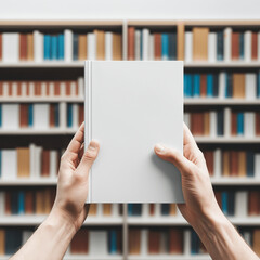 hands holding book with blank white cover in library, mockup for book cover design