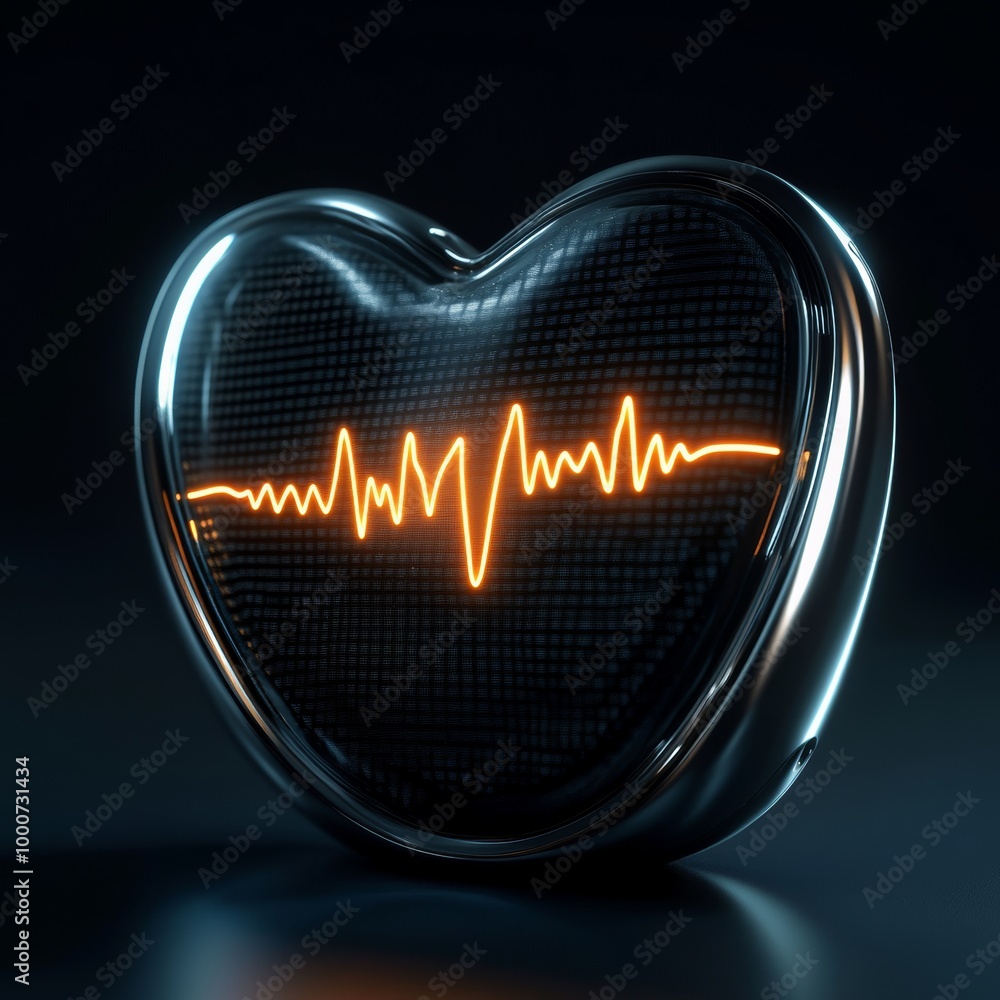 Poster 3d model of a heart monitor with a glowing pulse line, designed in a sleek and modern style