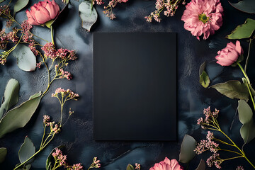 Stylish elegant flat lay black floristic greeting invitation post card with copy space mockup.