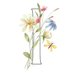Monogram I, floral letter with watercolor flowers and leaves. Letterhead, initial perfectly for logo, wedding invitation, greeting card, poster .Digital design hand drawing.