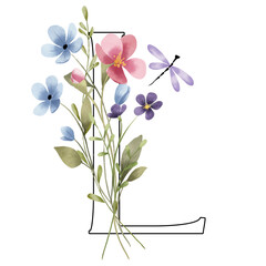 Monogram L, floral letter with watercolor flowers and leaves. Letterhead, initial perfectly for logo, wedding invitation, greeting card, poster .Digital design hand drawing.
