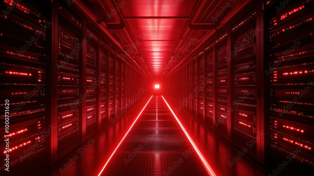 Aufkleber a futuristic server room illuminated in red light, showcasing rows of data storage units.