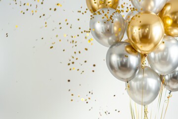 Gold and Silver Balloons with Confetti on Light Background, Glamorous and Festive Celebration

