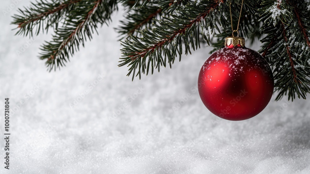 Sticker Festive Christmas ornament hanging on snowy pine branch