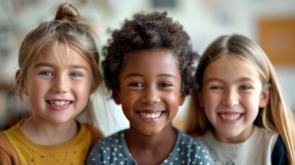 Obraz premium A portrait of three happy kids from different ethnicities, smiling brightly