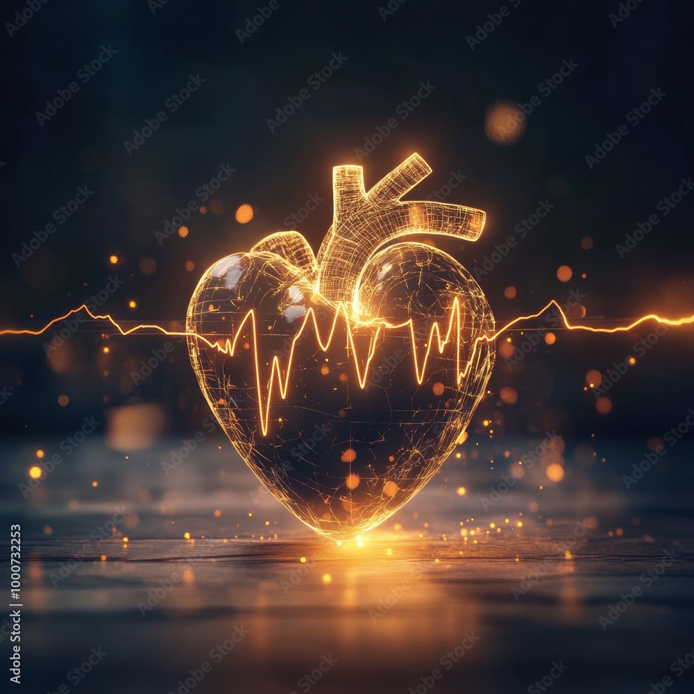 Poster a 3d model of a heart with ecg lines in a stylized minimalistic design, representing cardiology and 