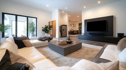 Modern living room with a cozy design, featuring a large couch and a central coffee table.
