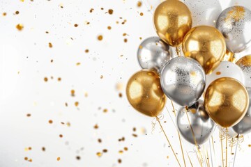 Gold and Silver Balloons with Lights on White Background, Festive and Elegant Celebration


