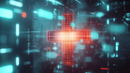 Obraz premium A futuristic 3D render of a medical cross with glowing digital effects, symbolizing health care innovation