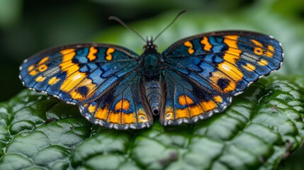 Naklejka premium Procilla Beauty, Panacea procilla, blue butterfly from Colombia. Blue orange nice insect in the nature habitat, beauty on the green leave in the forest. Nature wildlife. 