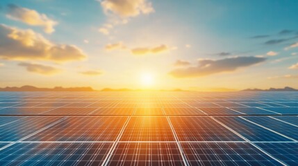 A vibrant sunset over solar panels, showcasing renewable energy's potential and the beauty of sustainable technology.