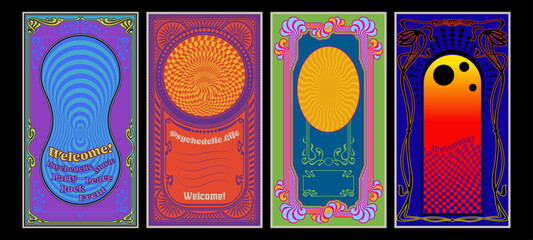 Psychedelic Poster Set, 1960s Hippie Music Style Colorful Placards, Vector Templates for Musical Posters, Covers, Invitations