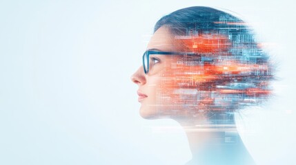 A profile of a woman with glasses, overlaid with digital data and light patterns, representing technology and innovation.