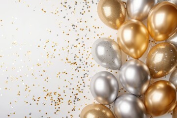 Gold and Silver Balloons with Lights on White Background, Festive and Elegant Celebration

