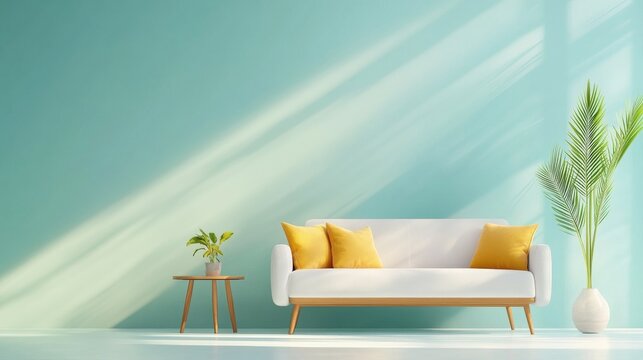 A stylish, minimalist living room featuring a light blue wall, contemporary sofa with yellow cushions, a small table, and a potted plant.