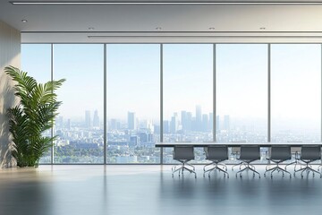 Fototapeta premium Modern conference room with empty table, chairs, and a plant, against cityscape background, concept of business meeting space. 3D Rendering generative ai