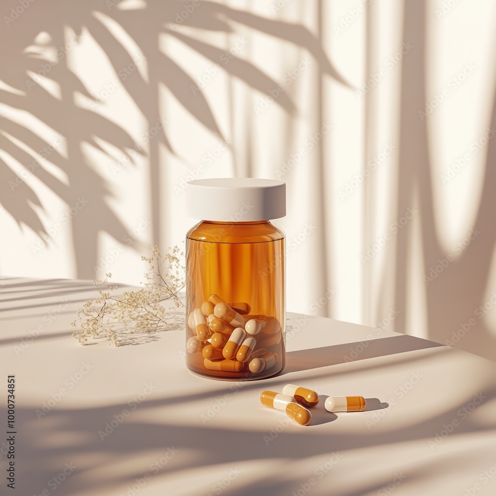 Poster a minimalist 3d rendering of a pill bottle and several scattered capsules on a clean surface, symbol