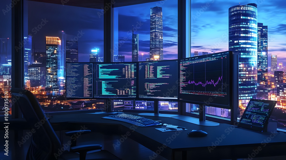 Poster a modern office desk with multiple monitors displaying graphs, data, and code, overlooking a city sk