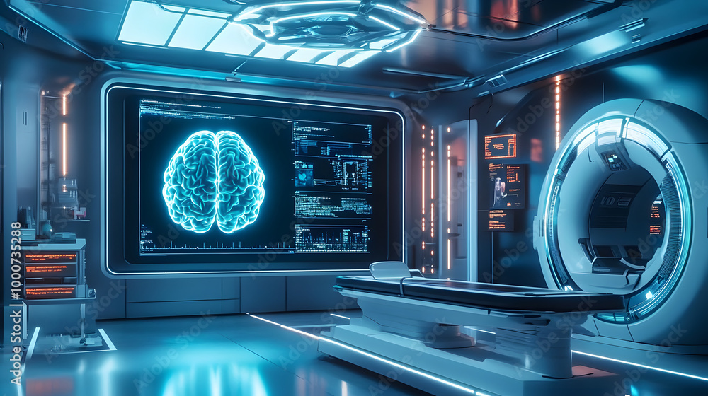 Canvas Prints Futuristic laboratory with a large screen displaying a digital brain model and an MRI machine.