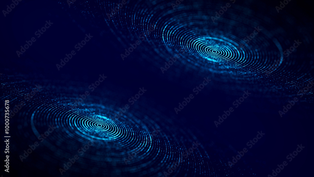 Poster double futuristic of circular flow of particles on blue background. digital cyberspace. network conn