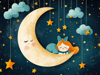  The image of the cute girl sleeping on the moon with stars suspended by thin threads . AI generative.