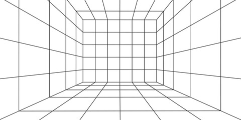 3D wireframe room on white background. Abstract perspective grid. Vector illustration.