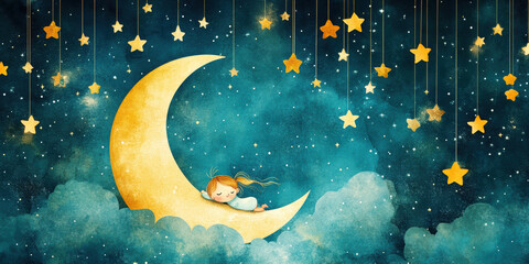  The image of the cute girl sleeping on the moon with stars suspended by thin threads . AI generative.