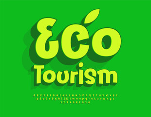 Vector eco concept Eco Tourism. Playful Green 3D Font. Funny Alphabet Letters and Numbers set.
