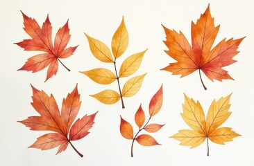Watercolor orange fall leaves. Botanical autumn background