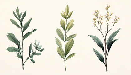 Fototapeta premium Hand-drawn vintage illustrations of different plant species, paired with soft, muted colors for a calming and artistic vibe