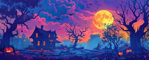 A spooky haunted house surrounded by eerie trees and pumpkins under the full moon in a purple and orange sky