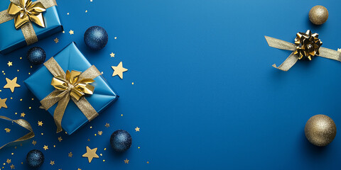 Christmas background card with blue gifts and copyspace copy space panorama created with generative ai