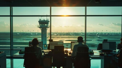 Diverse Air Traffic Control Team Working in a Modern Airport Tower. Office Room is Full of Desktop Computer Displays with Navigation Screens, Airplane Departure and Arrival Data for Controllers