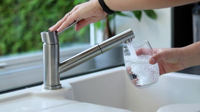 Close up of female hands pouring tap water into a glass in the kitchen. White sink and blurred background 