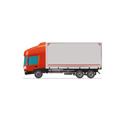 3D Isometric Cargo Truck Photoreal Vector Illustration Modern Red Cabine and White Van Intercity Delivery Vehicle 6x4 Design for Logistics Transport Presentation Social Media Video Promo Left
