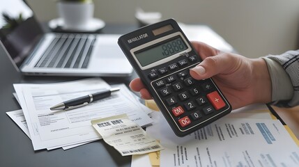  accountant working on desk using calculator for calculate finance report in office 