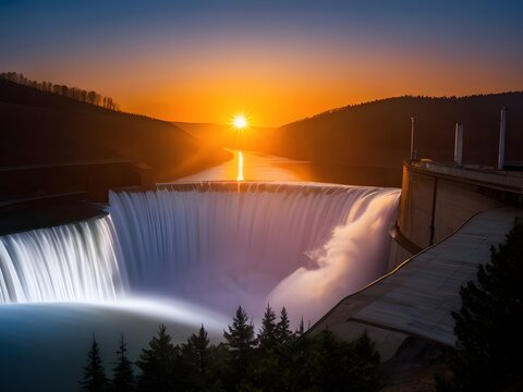 hydroelectric dam with falls at sunset