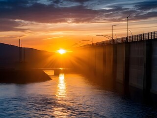 Dam Hydroelectric with sunset