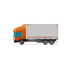 3D Isometric Cargo Truck Photoreal Vector Illustration Modern Orange Cabine and White Van Intercity Delivery Vehicle 6x4 Design for Logistics Transport Presentation Social Media Video Promo Left
