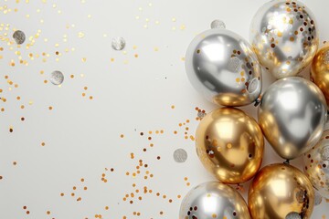 Gold and Silver Balloons with Lights on White Background, Festive and Elegant Celebration

