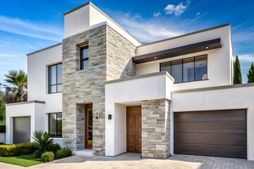 White Cottage Stucco Design. Beautiful White House Facade. Stucco Exterior Cottage Photo.