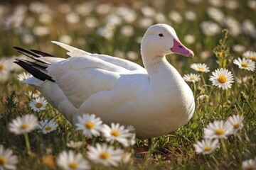 Obraz premium Snow Goose Nestled in a Flower-Covered Meadow