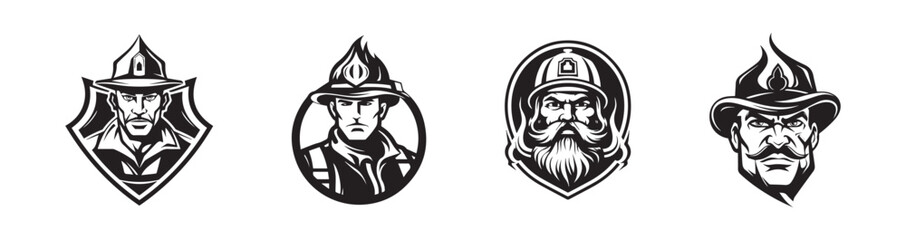 Fototapeta premium Black and white firefighter emblems isolated on a white background. Concept of fireman illustrations, rescue heroes, safety, emergency response. Print, icon, design elements. Set