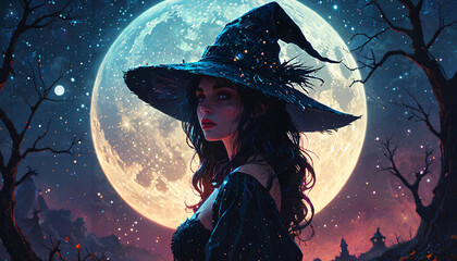 Sorci&egrave;re sous la pleine lune &eacute;toil&eacute;e