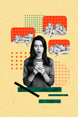 Image collage artwork of shocked afraid scared woman holding using phone isolated on creative...
